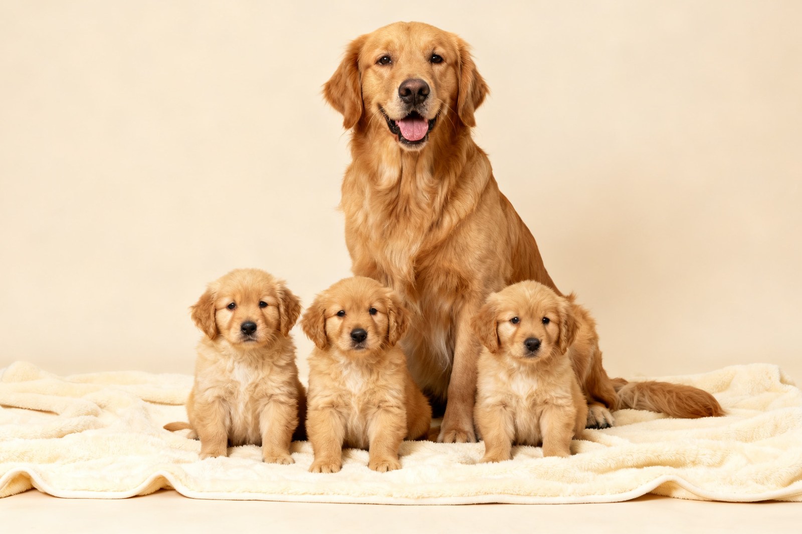 A golden retriever with a litter of puppies